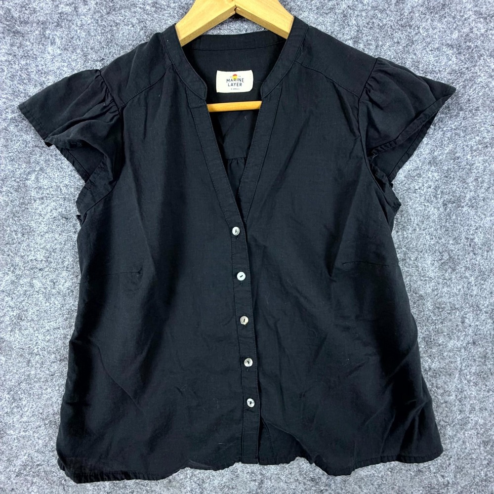 Marine Layer Blouse Top Womens XS Black Cotton Lightweigt Button Front